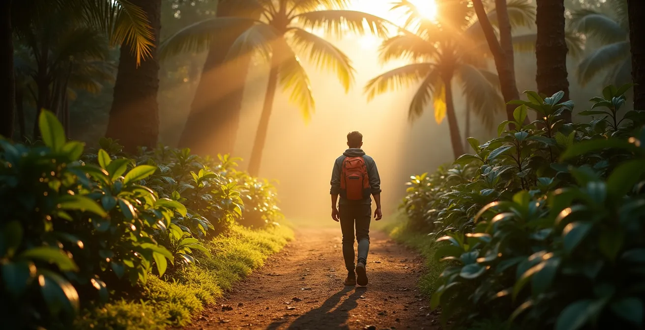 Sendero tropical iluminado por los primeros rayos del sol entre la vegetación de Samaná