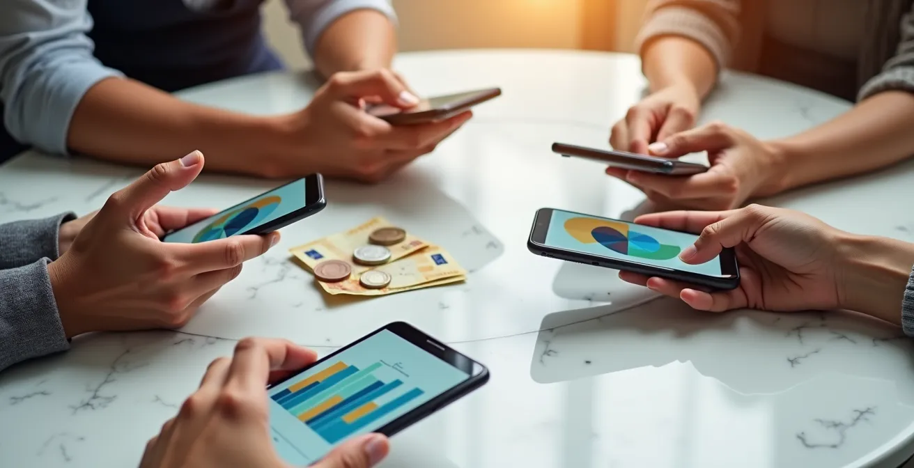 Manos sosteniendo smartphones mostrando gráficos abstractos de colores representando divisiones de gastos