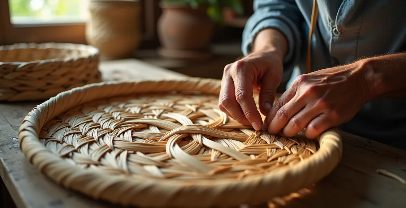 Manos de artesanas tejiendo cestas tradicionales con fibras naturales