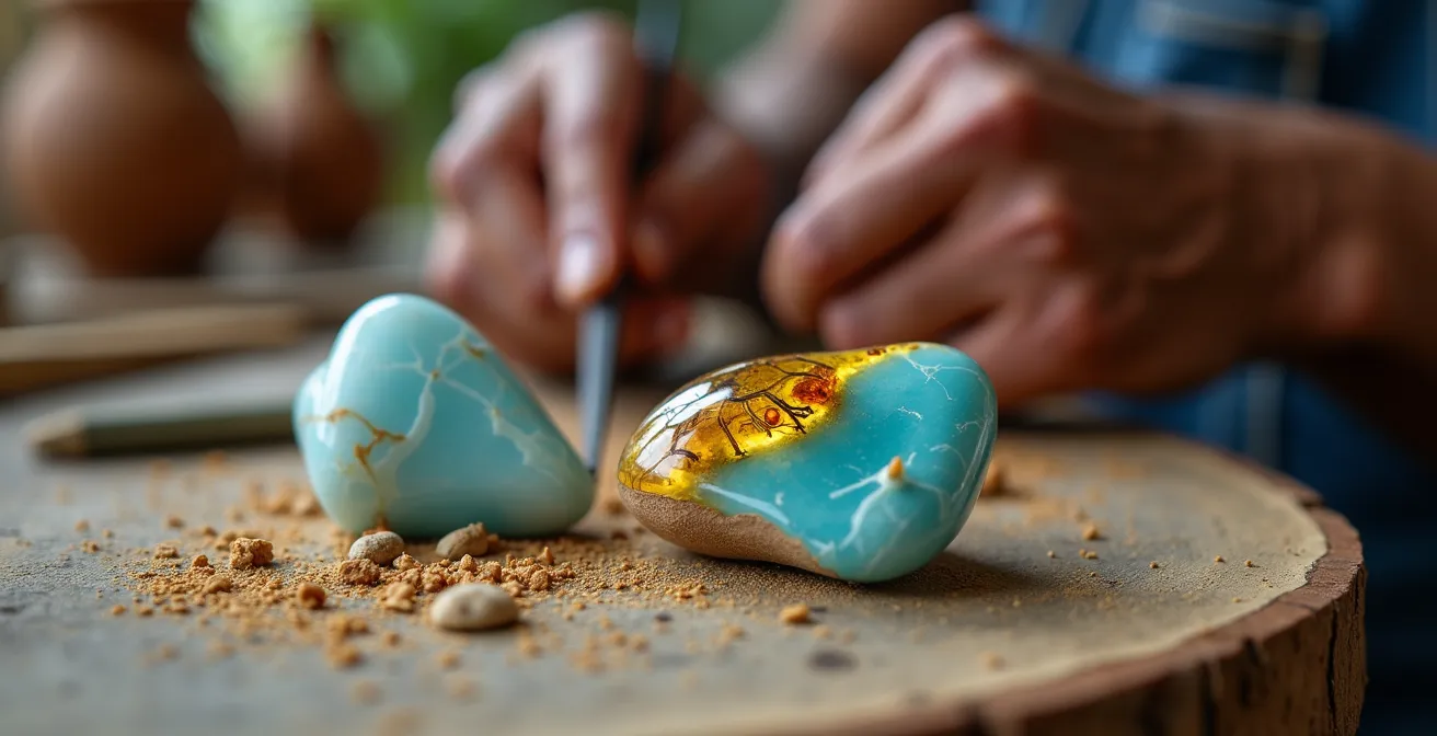 Detalle macro de piedra larimar y ámbar dominicano con manos de artesano trabajando