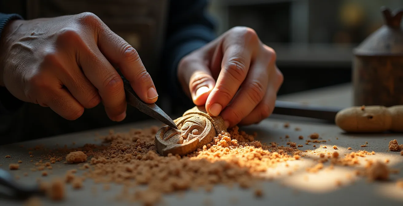 Manos de artesano dominicano trabajando en un exvoto de madera con herramientas tradicionales
