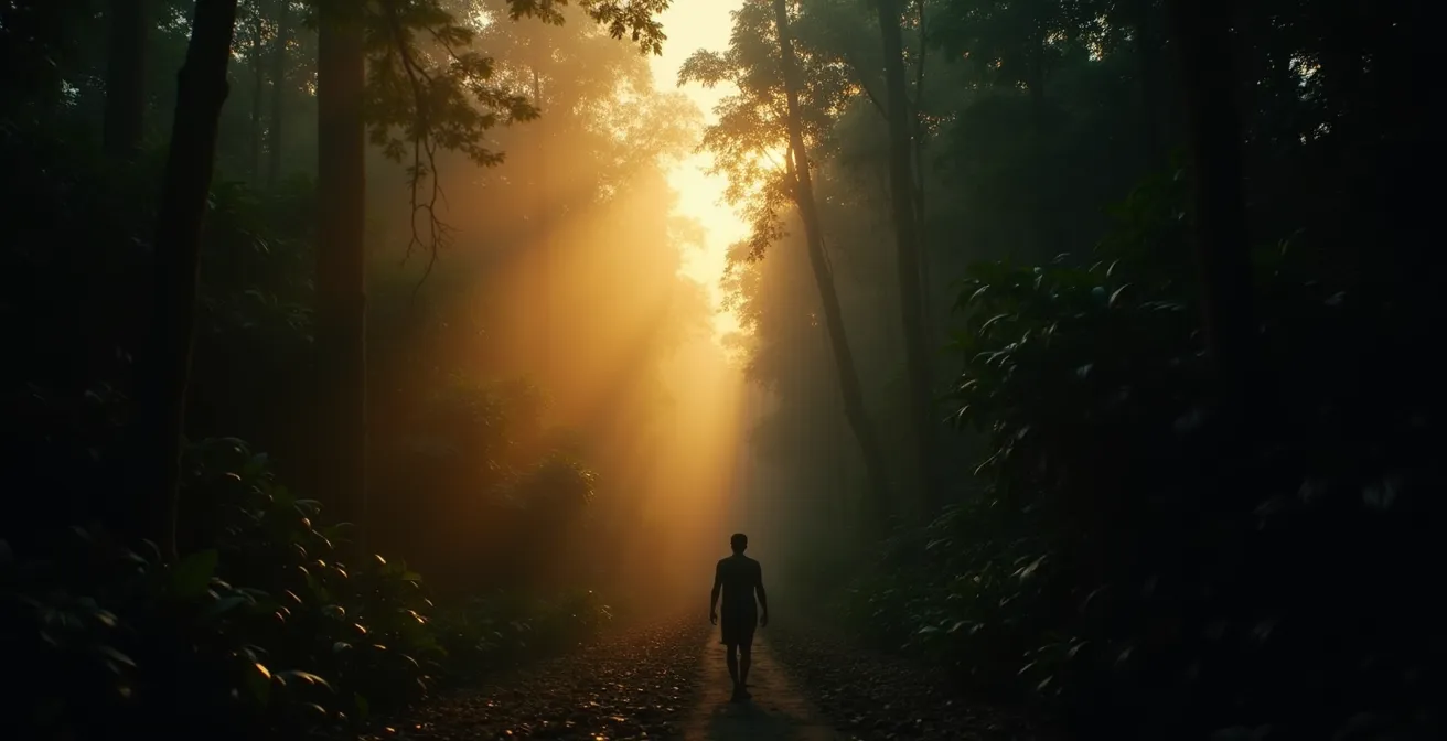 Transición dramática del día a la noche en la selva tropical mostrando la rápida pérdida de luz