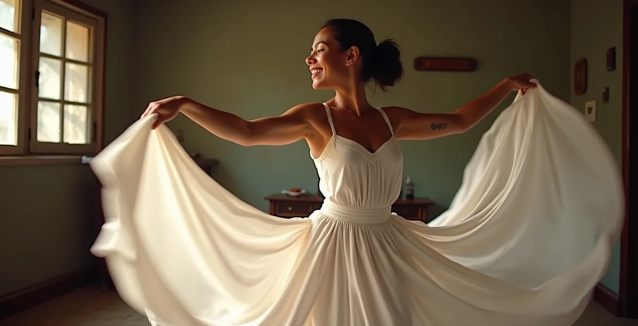 Bailarina dominicana mostrando el movimiento circular de su falda blanca tradicional