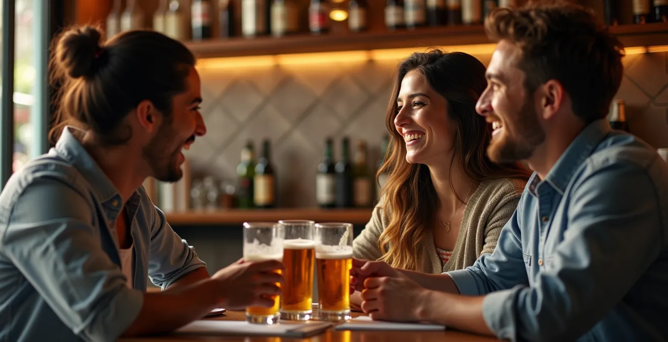 Interior acogedor de bar tradicional español con clientes conversando relajadamente después del trabajo