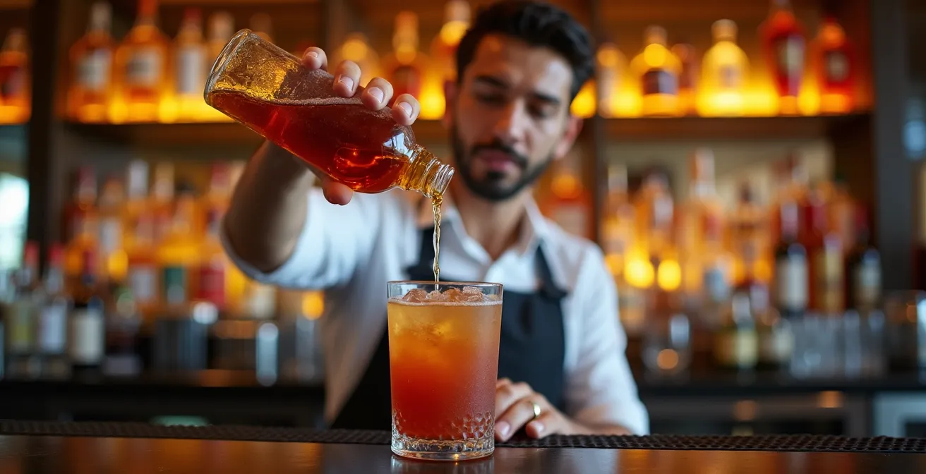 Vista de la contrabarra de un bar de resort mostrando botellas premium