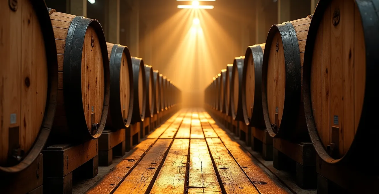 Bodega de añejamiento con barricas de roble bajo luz cálida caribeña