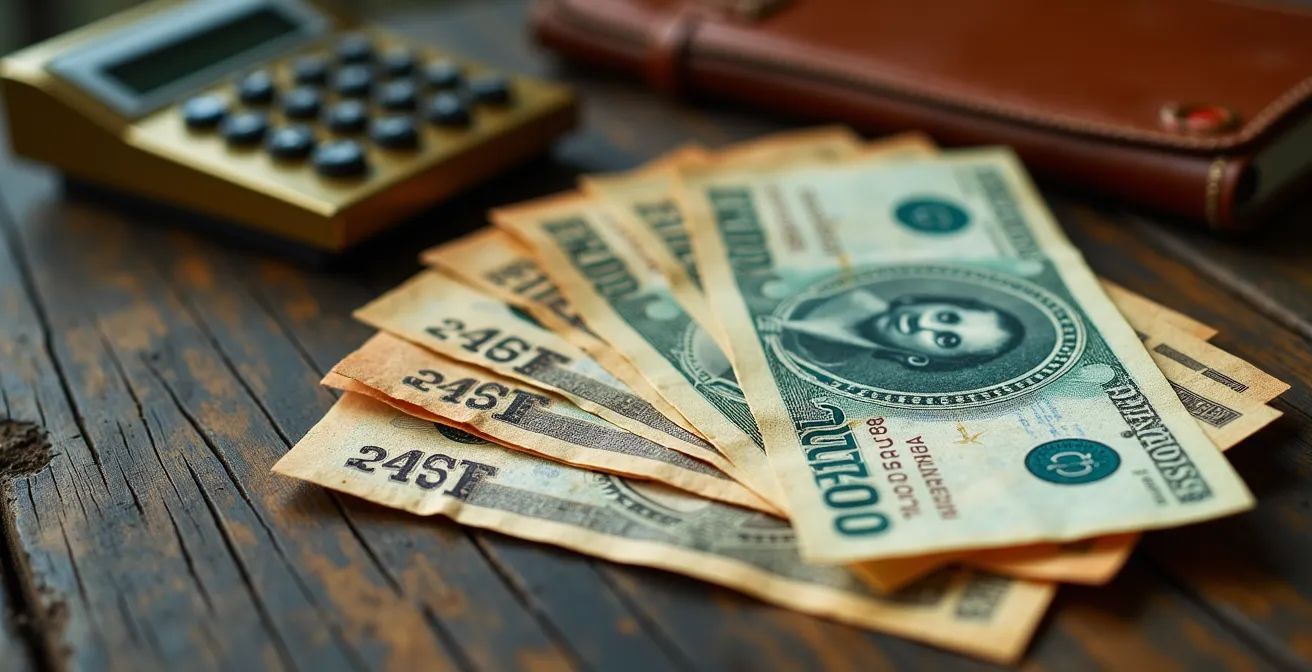 Composición artística de billetes de pesos dominicanos desplegados en abanico sobre mesa de madera tropical con calculadora vintage y libreta de viaje