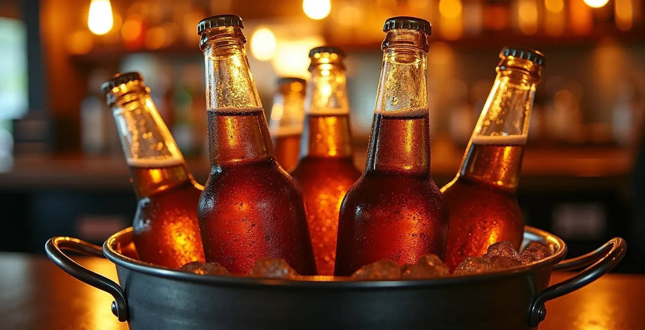 Botellas de cerveza dominicana en cubo con hielo en ambiente de bar nocturno
