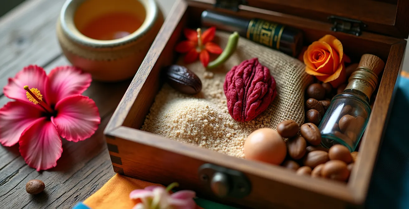 Caja de recuerdos sensoriales del Caribe sobre mesa española