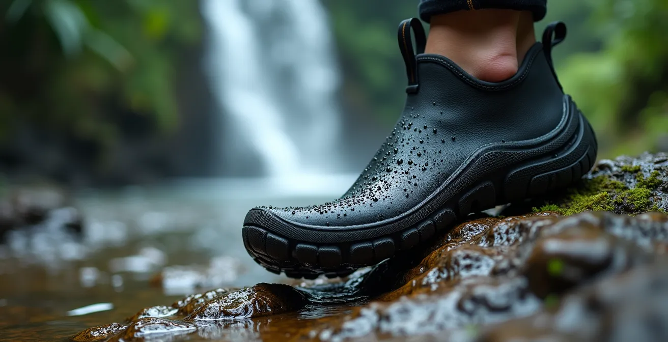 Primer plano de escarpines de neopreno sobre roca húmeda tropical mostrando el agarre de la suela