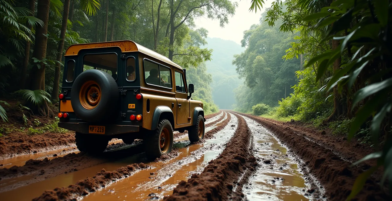 Todoterreno atravesando camino de barro entre vegetación tropical densa en Samaná