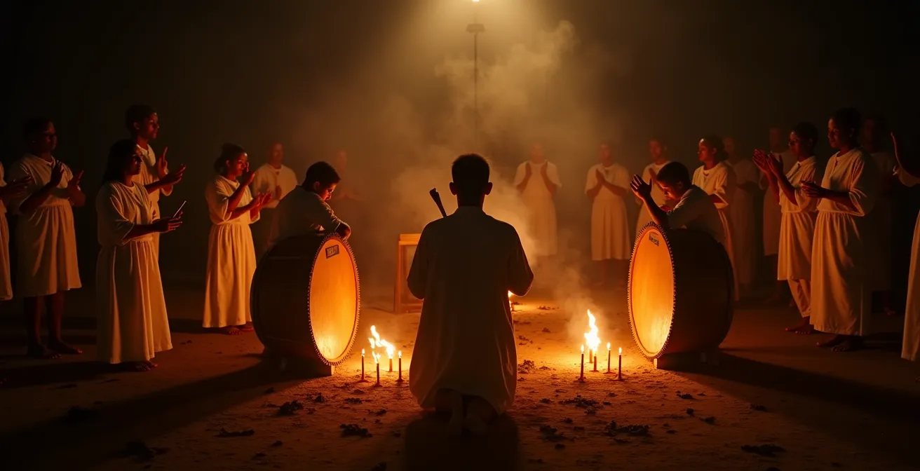 Ceremonia nocturna de atabales con tambores sagrados iluminados por antorchas