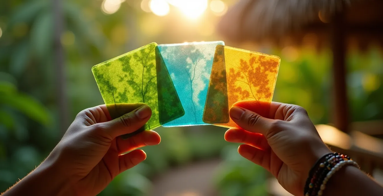 Manos sosteniendo diferentes certificaciones de ecoturismo con selva de fondo