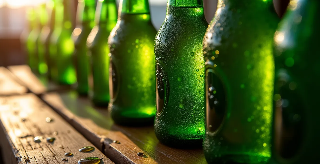 Botellas de cerveza local en una mesa de madera con ambiente de bar tradicional dominicano
