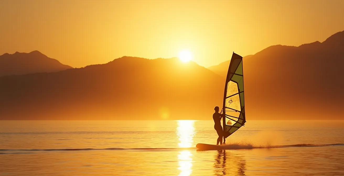 Diagrama visual del ciclo térmico del viento en una bahía tropical