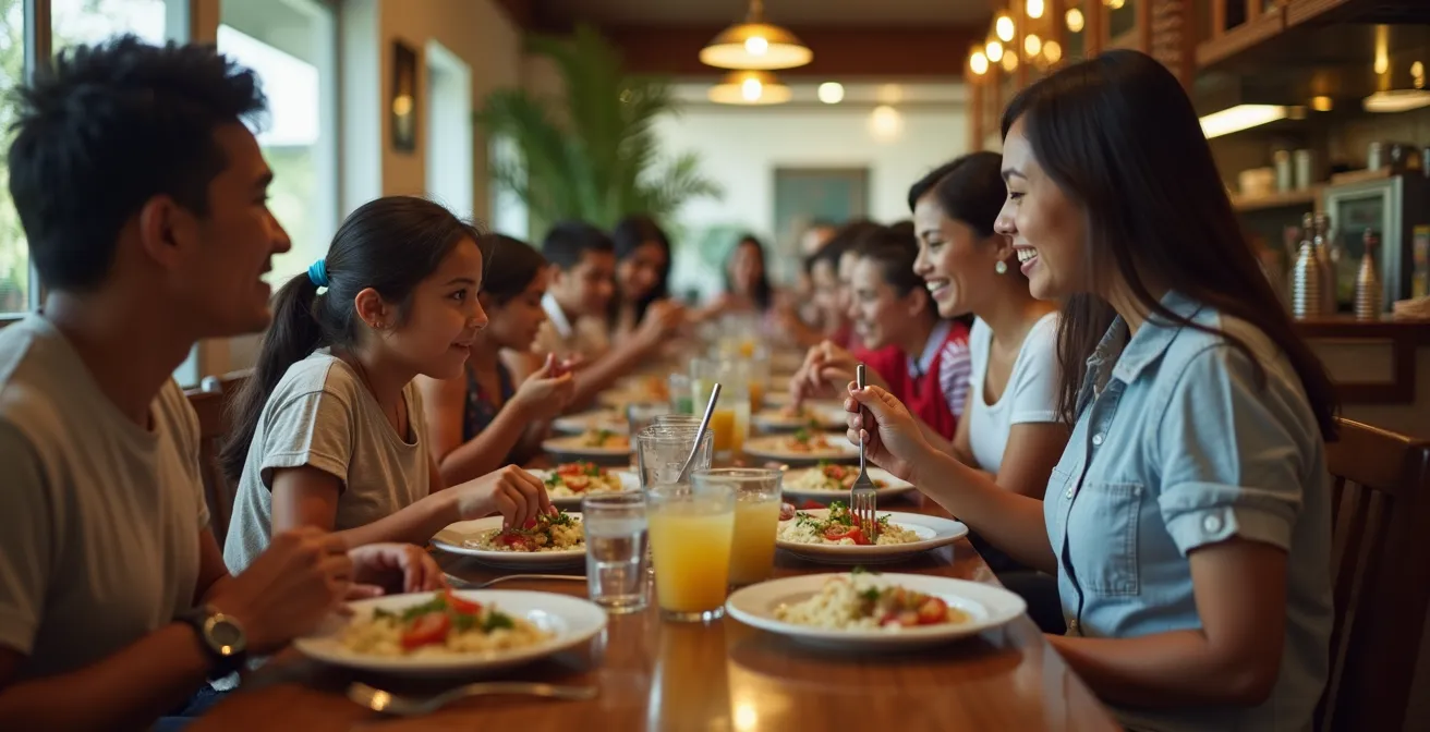 Interior de un comedor dominicano limpio y ordenado con familias locales comiendo