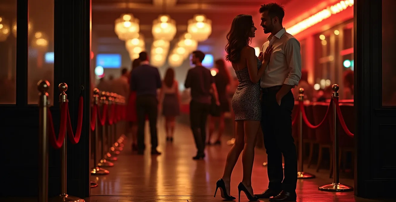 Entrada elegante de una discoteca en Piantini con personas vestidas formalmente esperando para entrar