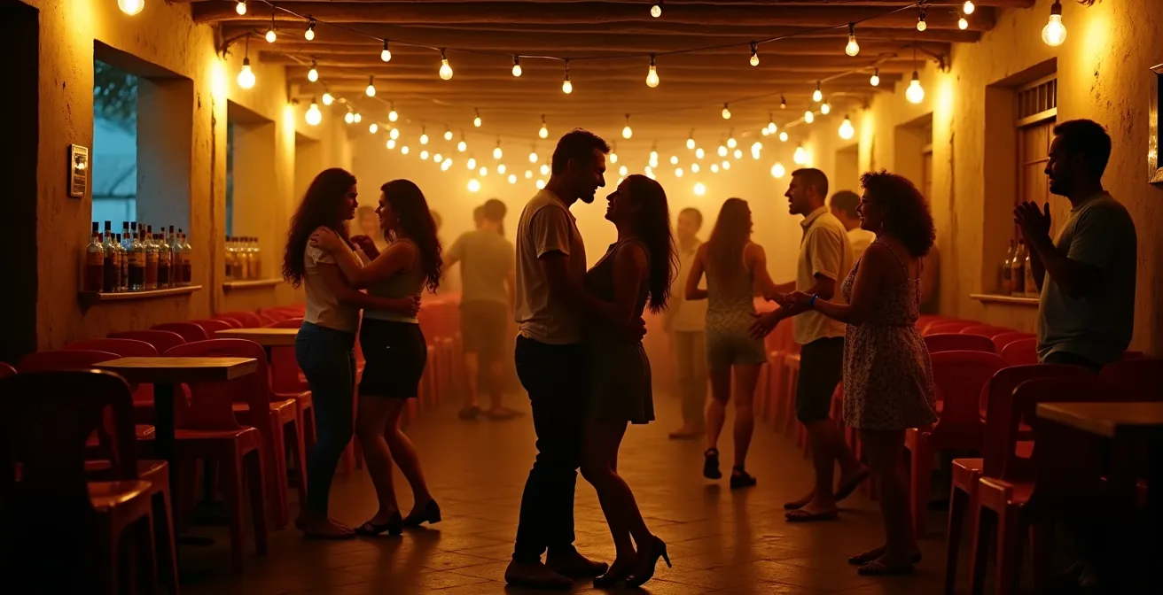 Interior de colmadón típico dominicano con parejas bailando bachata