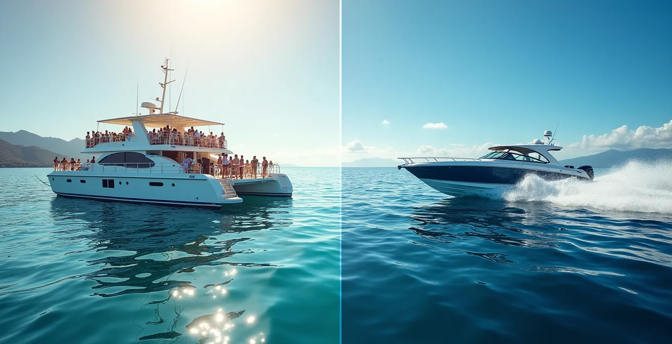 Vista aérea comparativa de un catamarán grande y una lancha rápida observando ballenas en Samaná