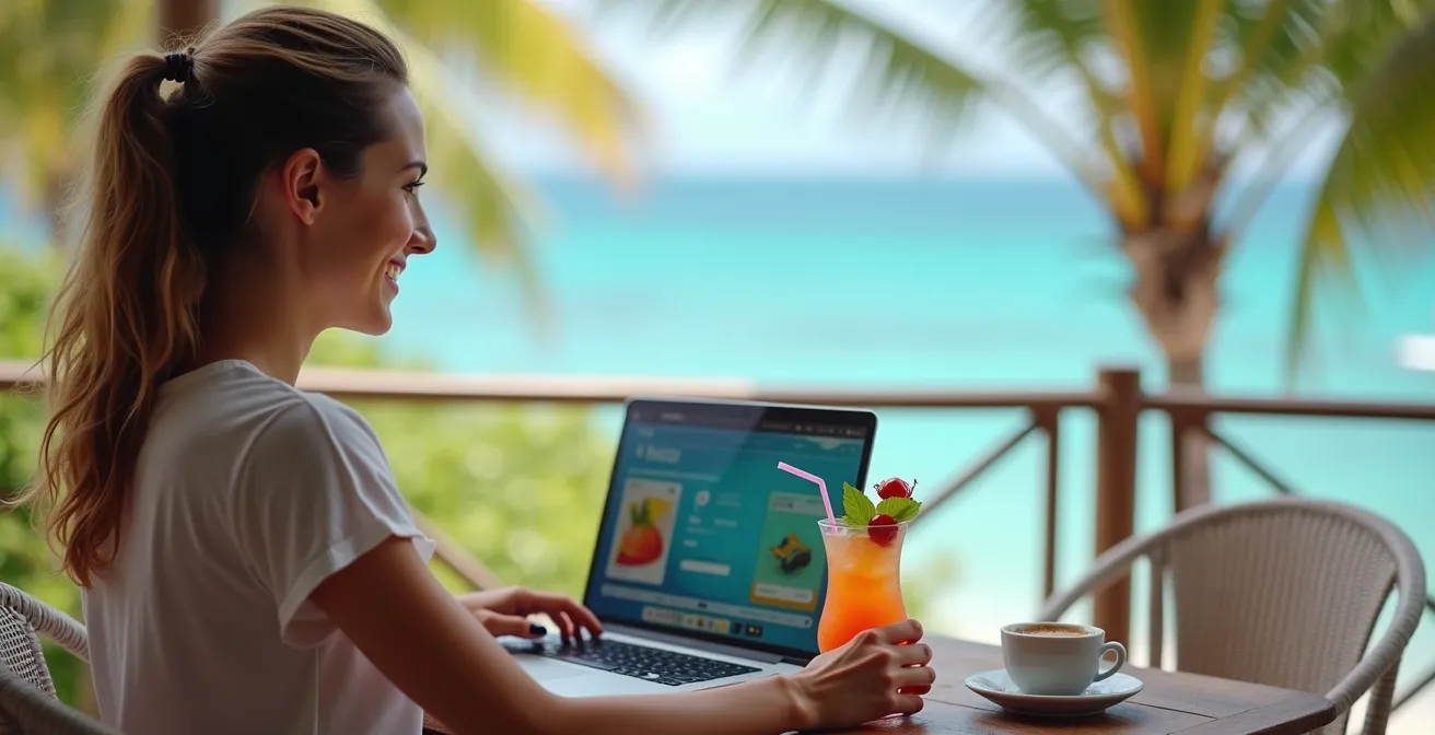 Persona comparando opciones de hotel en laptop con vista al mar Caribe