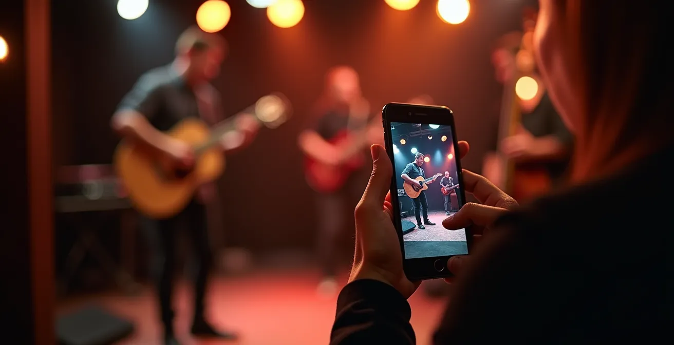 Manos sosteniendo un smartphone mostrando una pantalla borrosa mientras músicos de jazz tocan en el fondo de Casa de Teatro