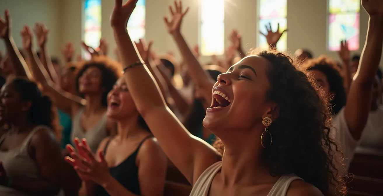 Vista amplia de congregación dominicana en plena alabanza con manos alzadas y expresiones emotivas