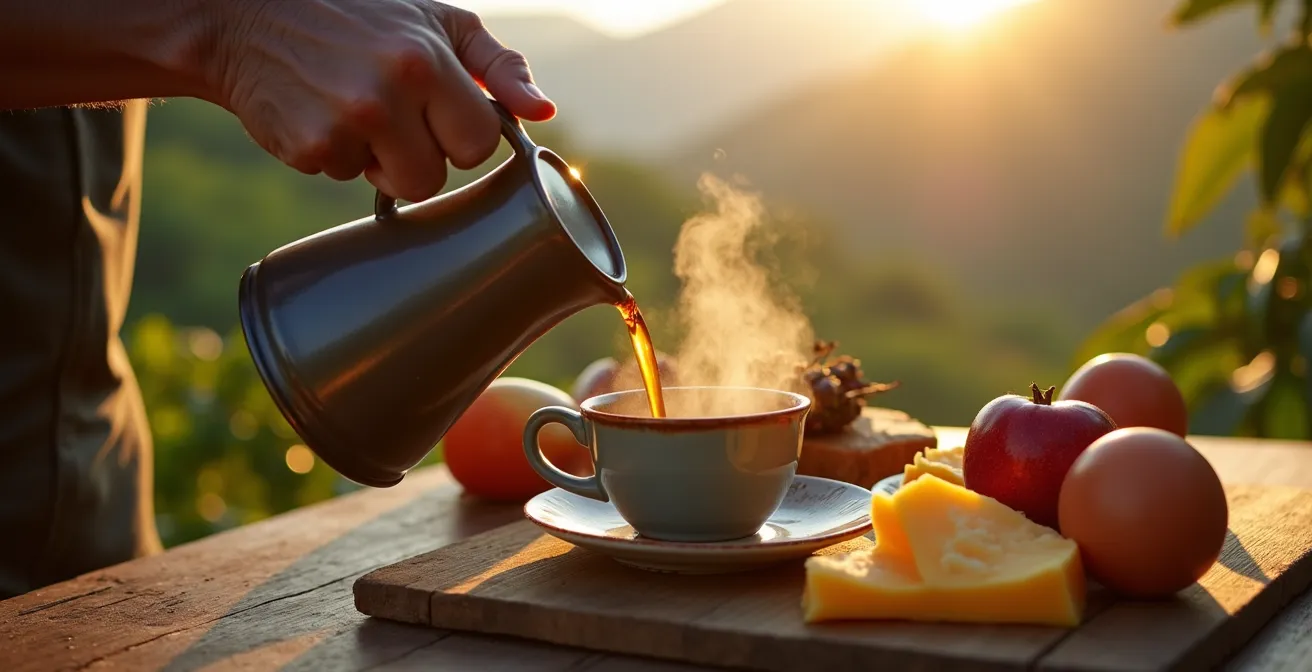Mesa de desayuno al aire libre con café recién colado, frutas tropicales y vista a plantación de café