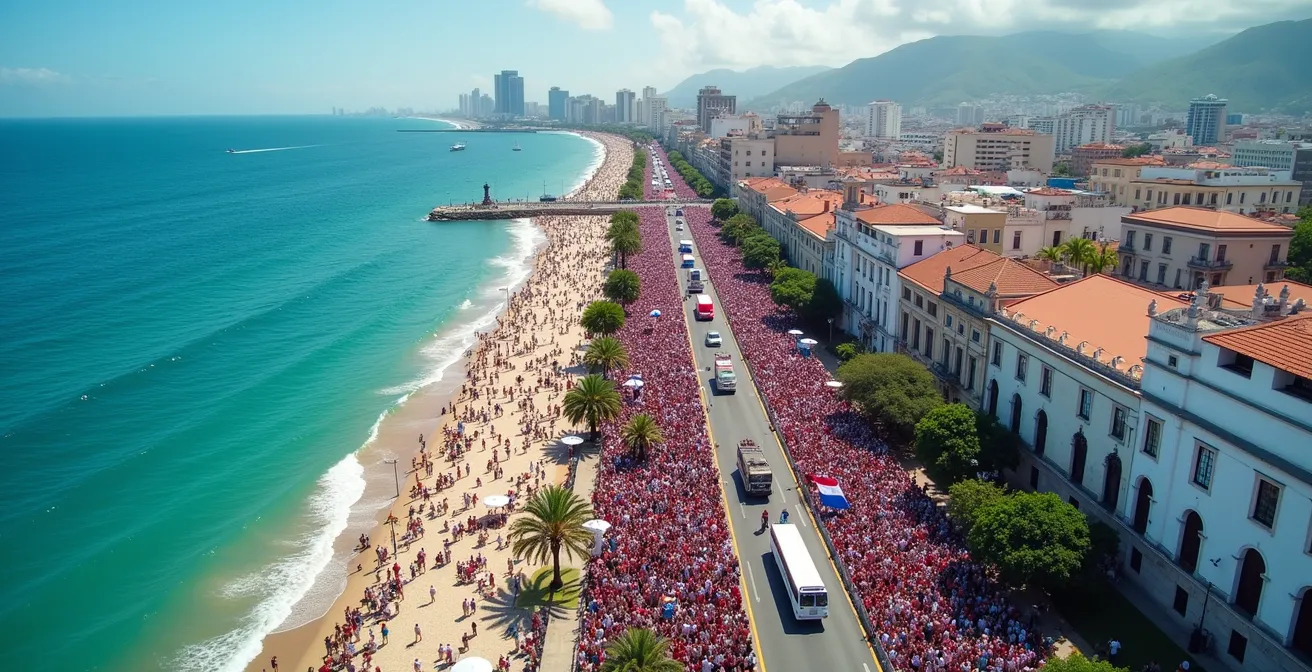 Vista panorámica del Malecón de Santo Domingo durante el desfile del 27 de febrero con multitudes vestidas de colores patrios