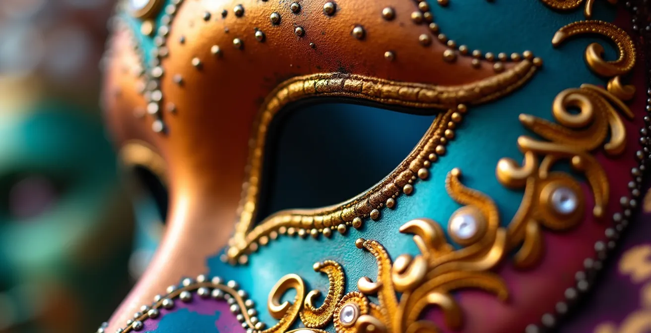 Primer plano de una máscara de Diablo Cojuelo con detalles de lentejuelas y texturas