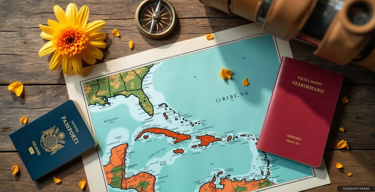 Mesa con pasaportes, documentos de seguro y mapa del Caribe preparados para viaje