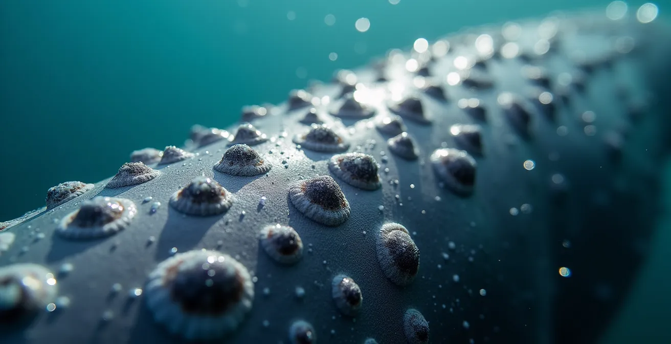 Detalle macro de la textura de la piel y las protuberancias características de una ballena jorobada