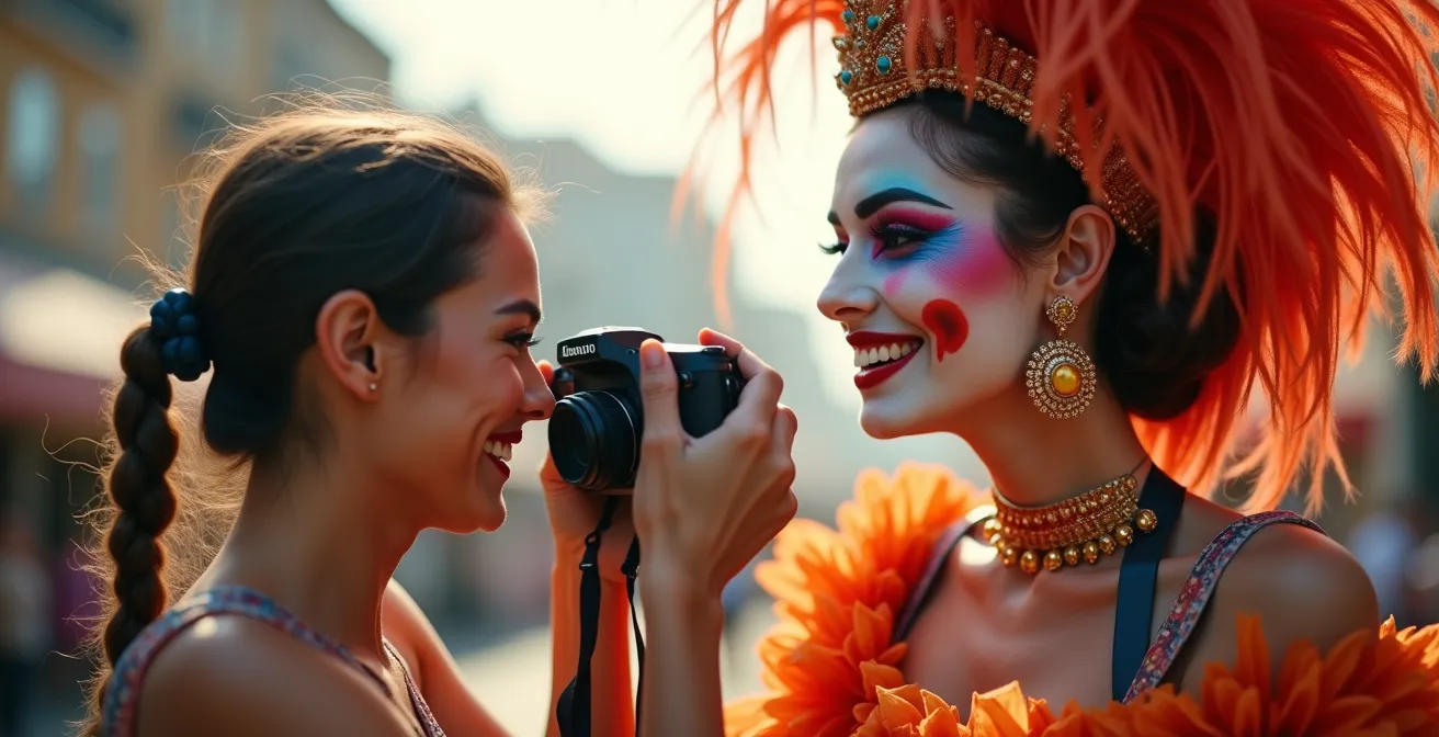 Fotógrafo sonriente señalando su cámara mientras un participante de carnaval posa voluntariamente
