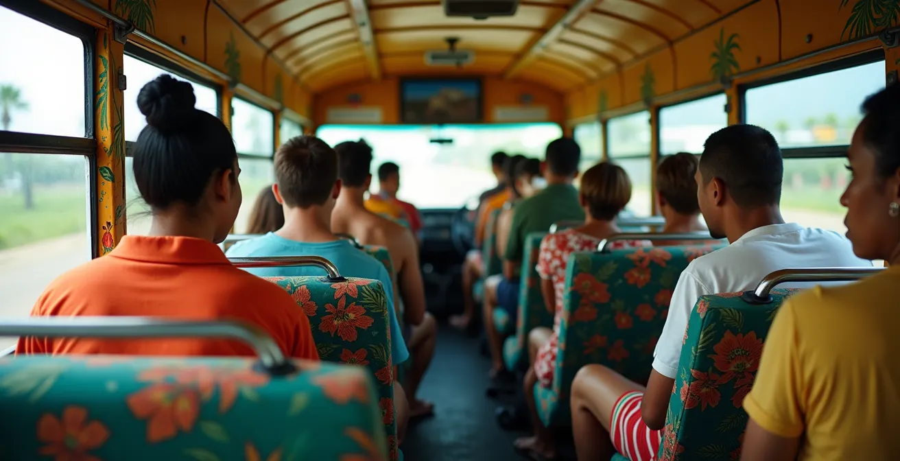 Interior colorido de una guagua dominicana con pasajeros locales y vista al paisaje tropical