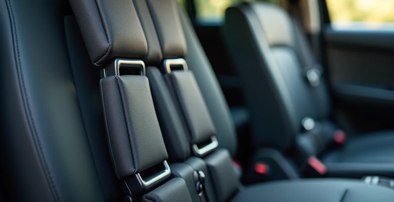 Detalle macro de sistema de anclaje ISOFIX en asiento de vehículo de transfer, mostrando la seguridad