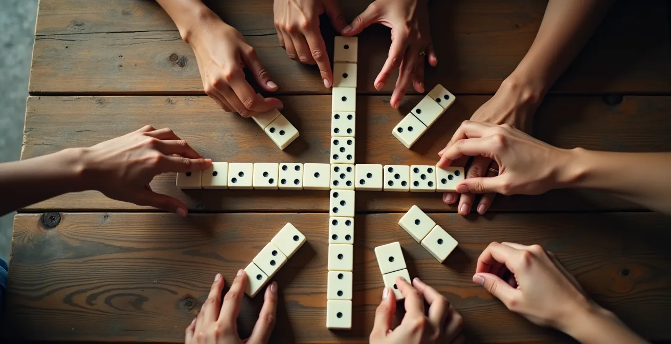Plano cenital minimalista de mesa de dominó con manos en acción y fichas dispersas
