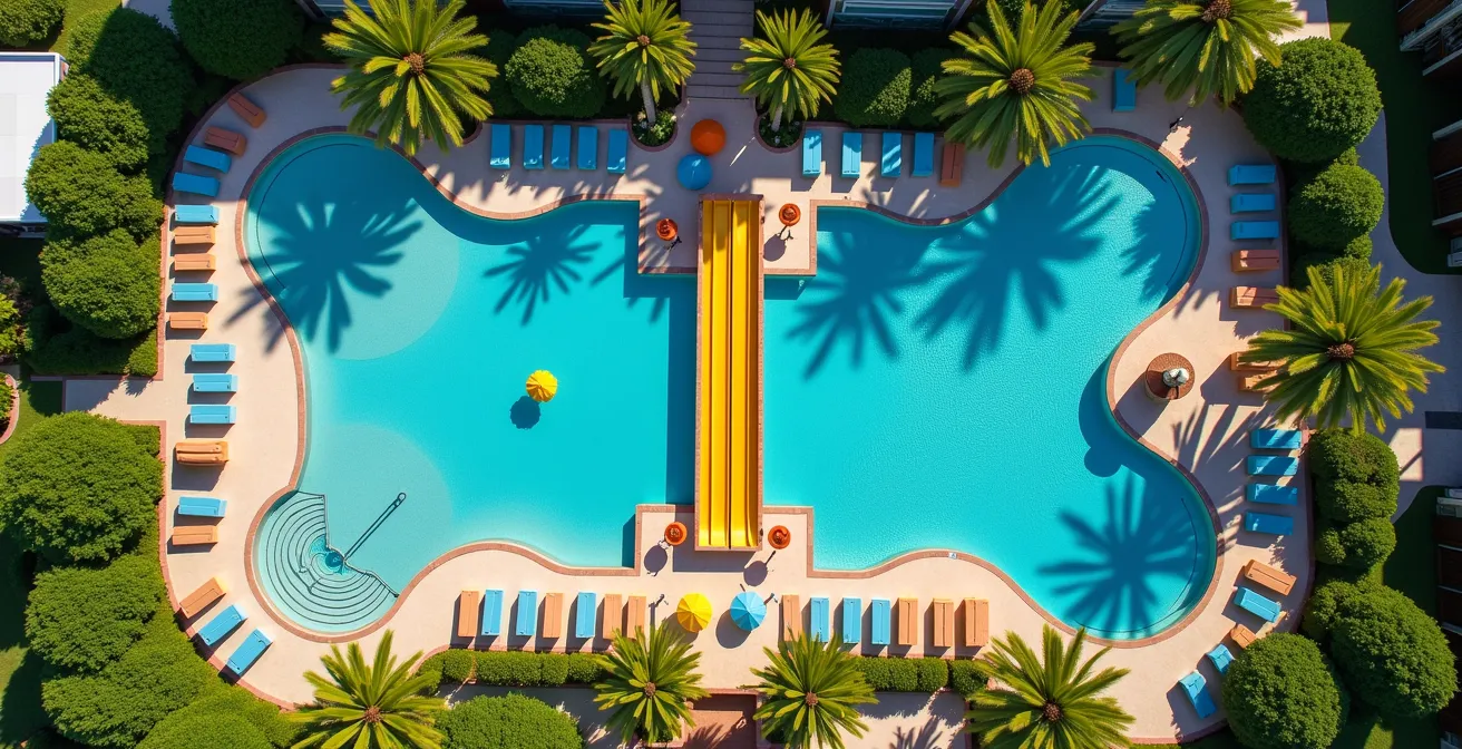 Vista aérea de un resort mostrando la separación entre zonas de adultos y familias