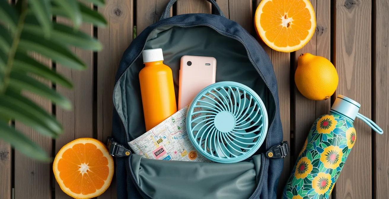 Mochila abierta mostrando elementos esenciales para un festival caribeño al aire libre