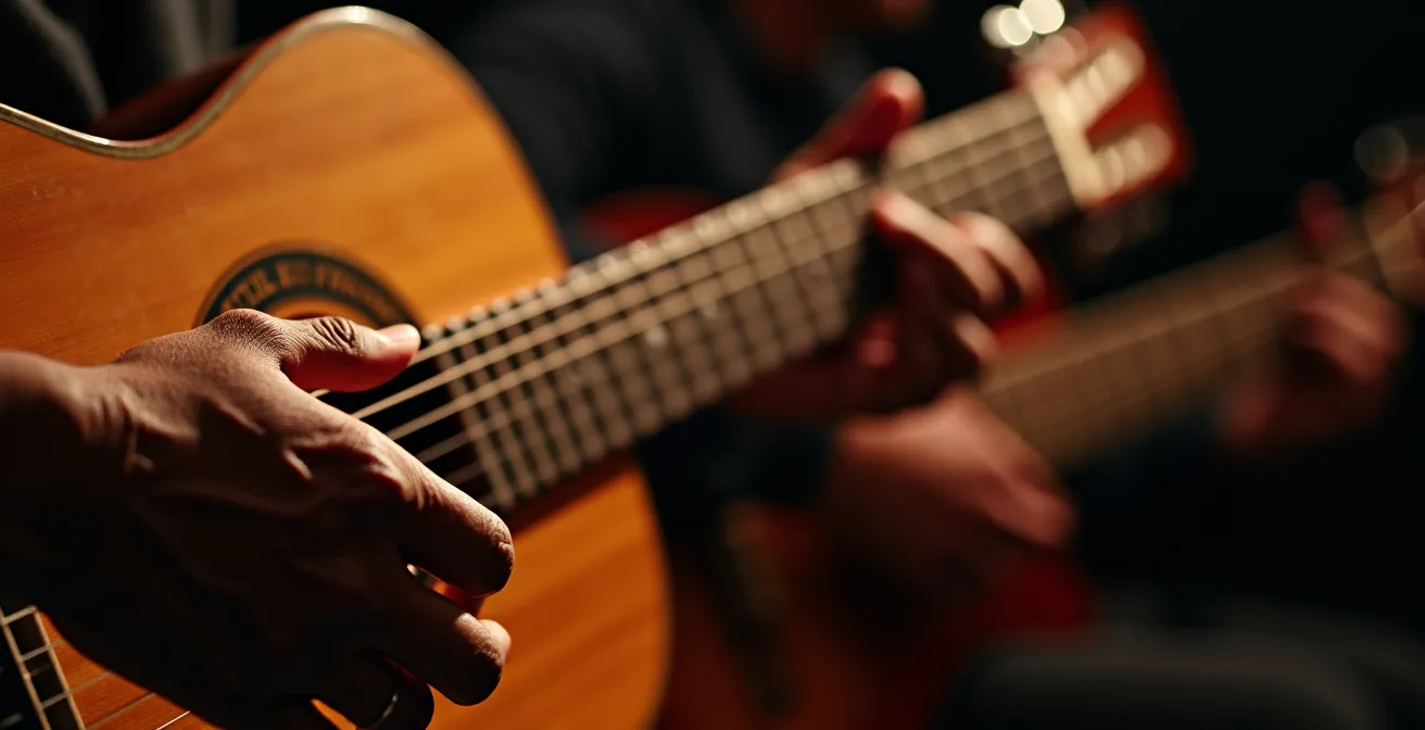 Músicos dominicanos tocando bachata tradicional con guitarra y güira