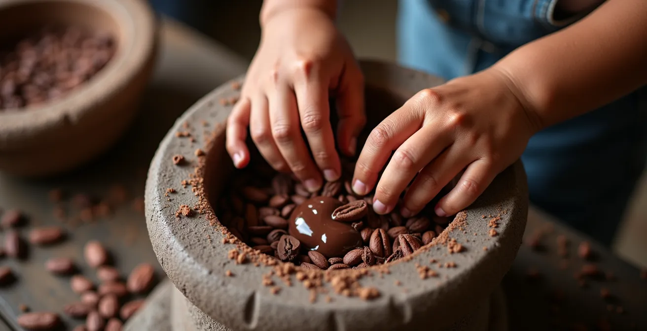 Niños participando en el proceso de molienda tradicional del cacao con piedra volcánica