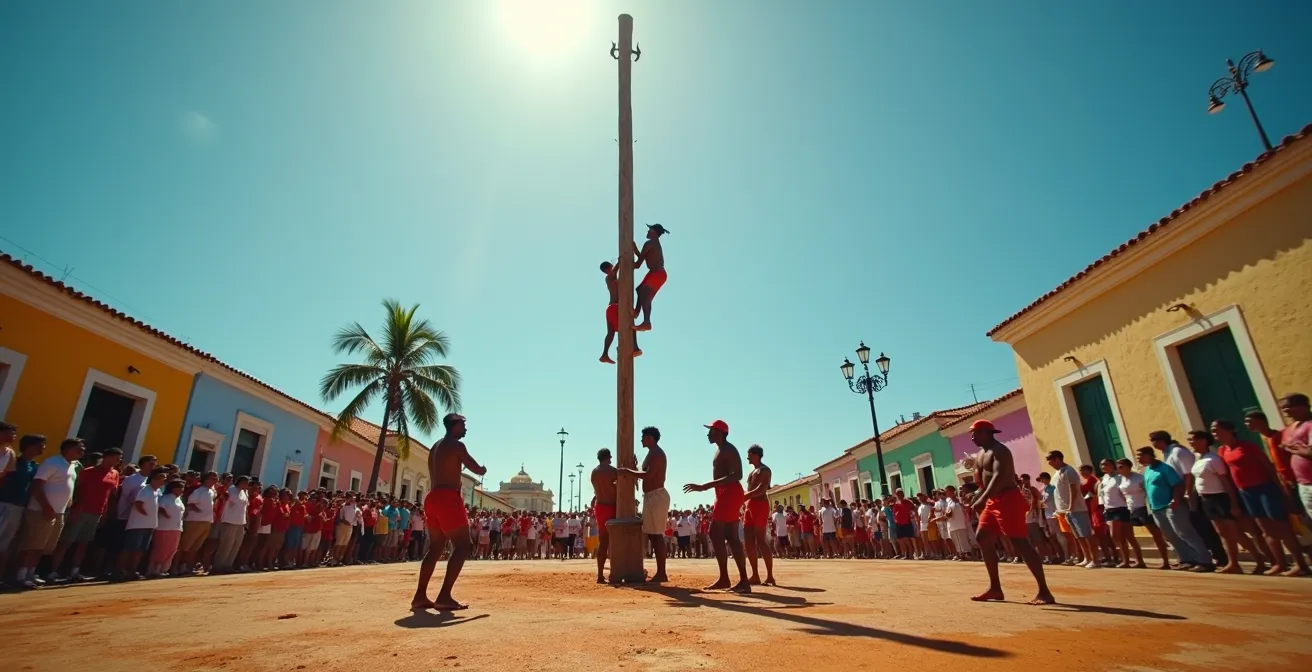 Vista dinámica del juego del palo ensebado con participantes intentando trepar mientras la multitud observa