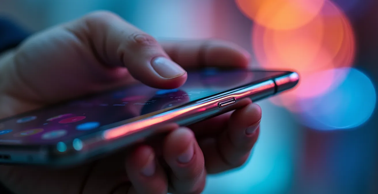 Manos sosteniendo móvil mostrando edición de foto de carnaval con contraste mejorado
