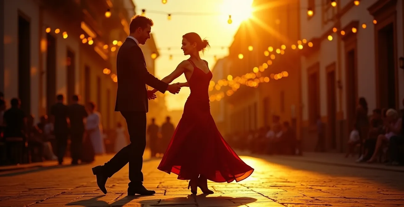 Silueta de pareja bailando Son al atardecer en plaza colonial