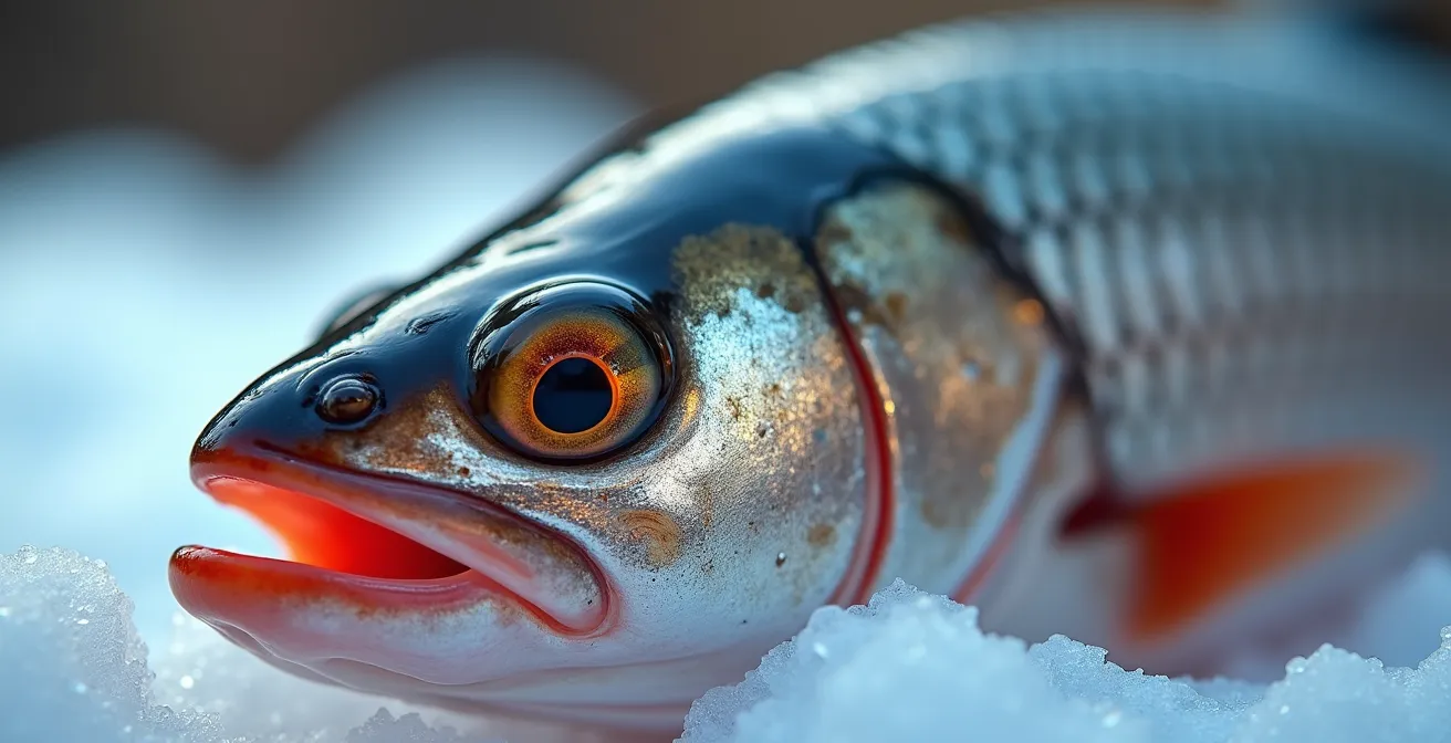 Detalle macro de pescado fresco mostrando ojos cristalinos y agallas de color rojo intenso