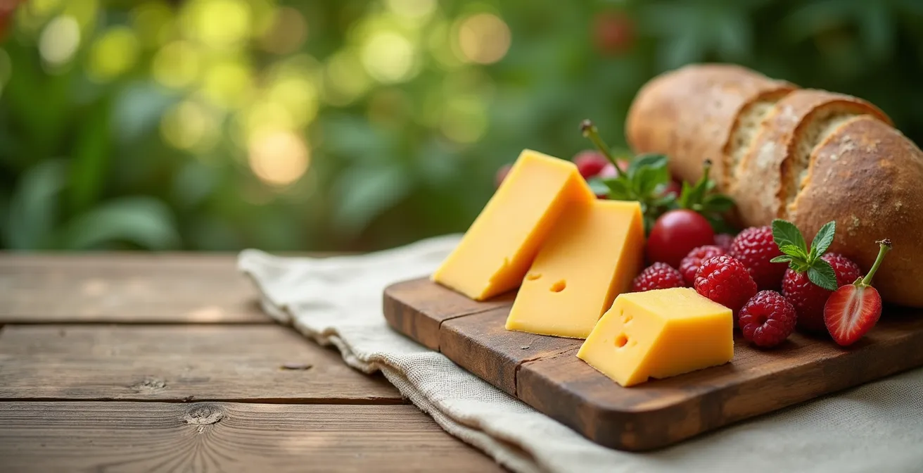 Mesa de picnic con productos locales españoles dispuestos sobre mantel de lino, rodeada de vegetación del jardín botánico