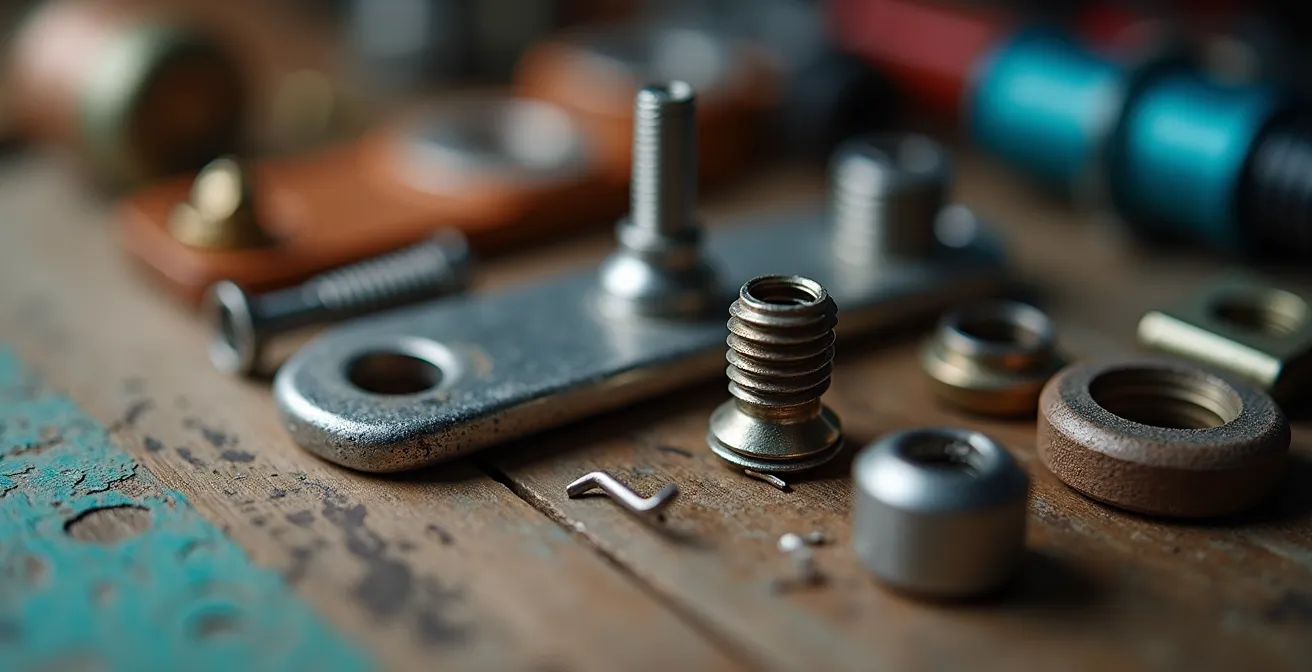 Piezas de repuesto de windsurf organizadas sobre mesa de taller