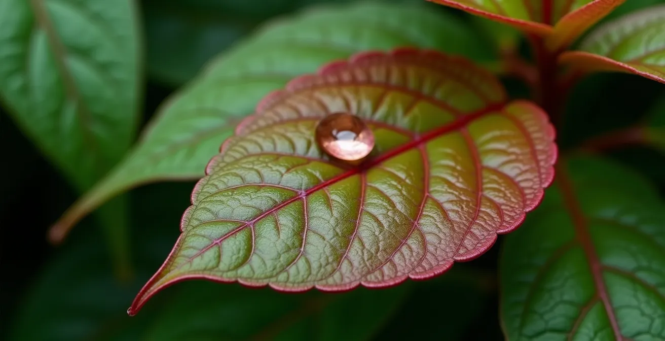 Detalle macro de las hojas brillantes del guao con sus características venas rojas