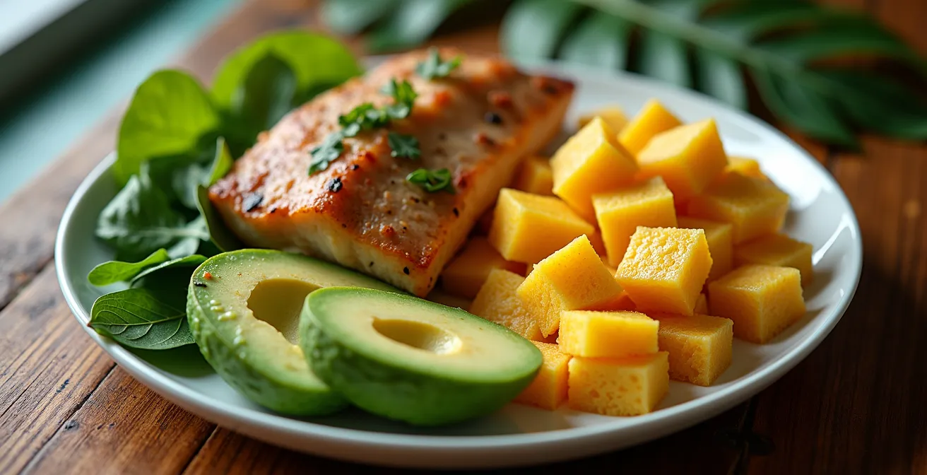 Composición aérea de plato dividido con alimentos caribeños saludables