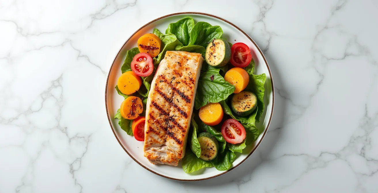 Plato saludable y equilibrado estilo mediterráneo con ensalada, pescado a la plancha y guarnición de verduras.