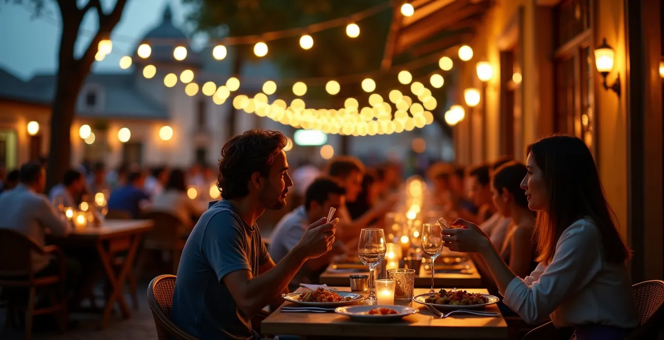 Vista nocturna de la Plaza de España con iluminación cálida y mesas de restaurantes al aire libre