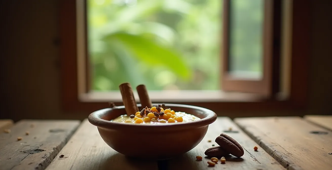 Postre tradicional de maíz con cacao y especias presentado de forma artesanal